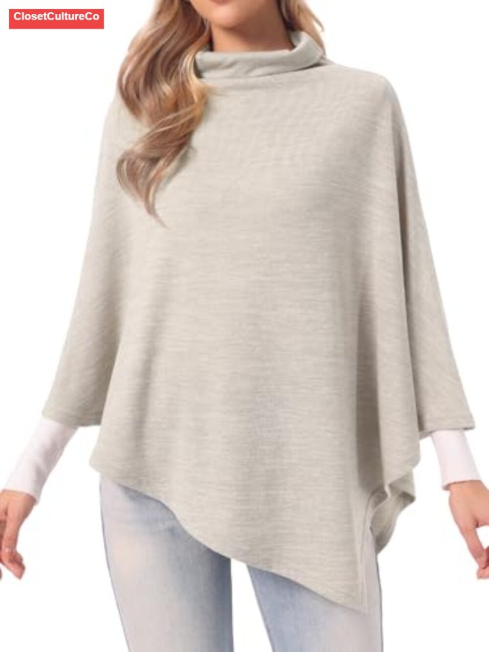 Knit Mock Neck Poncho Shawl Wrap Loose Fit Casual Top